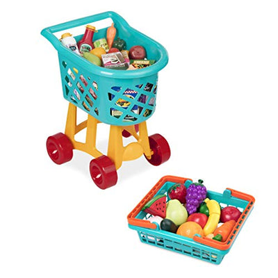 Battat Toy Shopping Cart with Basket, Pretend Play Food (60Pc)