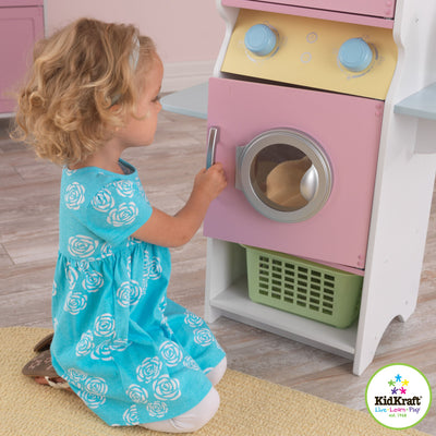 KidKraft Laundry Children's Pretend Play Wooden Stacking Washer and Dryer Toy with Iron and Basket - Pastel